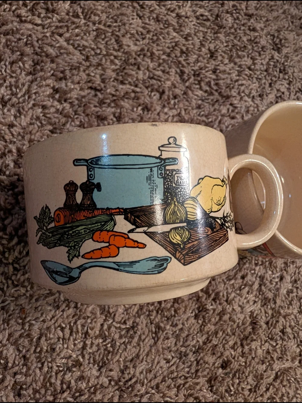 Set of 3 Vintage Ceramic Mugs 1970's Beige Multicolor Kitchen Food